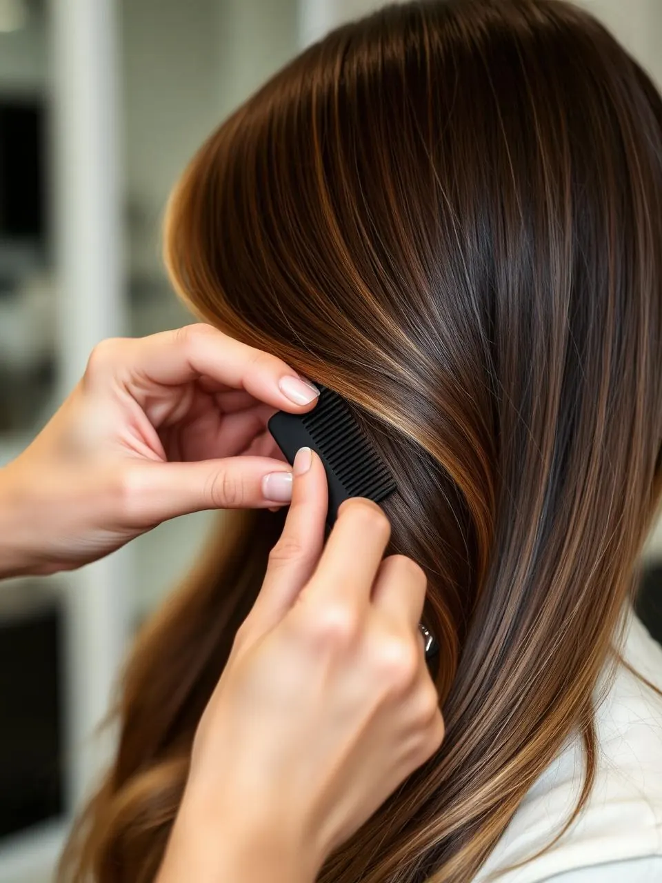 Kamm gleitet durch frisch gestyltes Haar – Kamm in Haarstudio Rauenthal